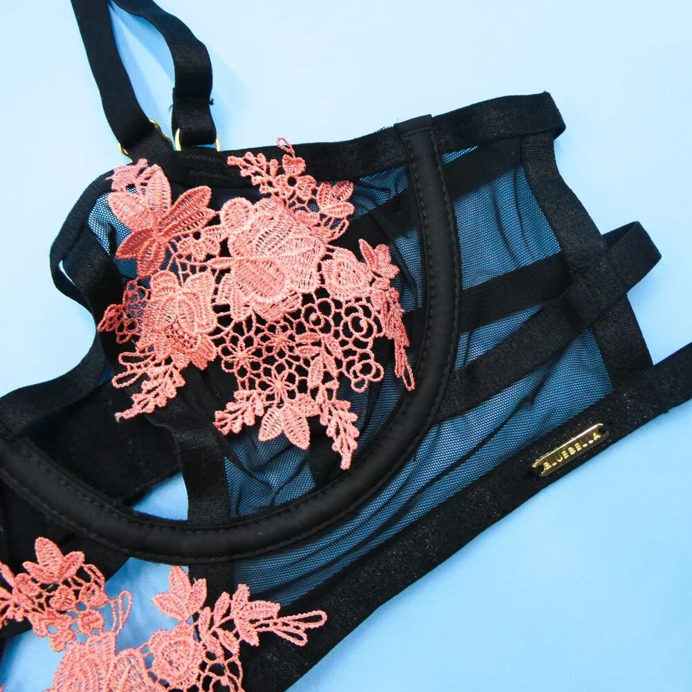 Bluebella 32B Lingerie Bra Semi‎ Transparent Mesh Black Balconette Orange Floral